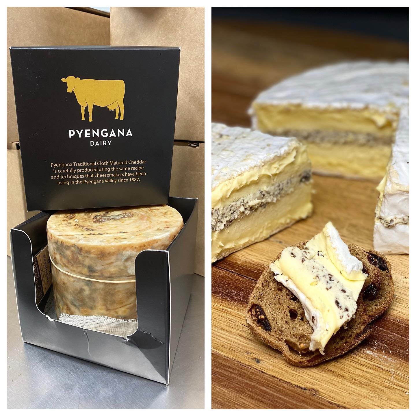 We&rsquo;re so excited to be featuring these gorgeous cheeses as individual gifts and catering options this Christmas! @pyenganadairy 1.1 kg Cheddar Truckle and the always popular Rouzaire Brie Aux Truffes (Truffled Brie). Available now at the link i